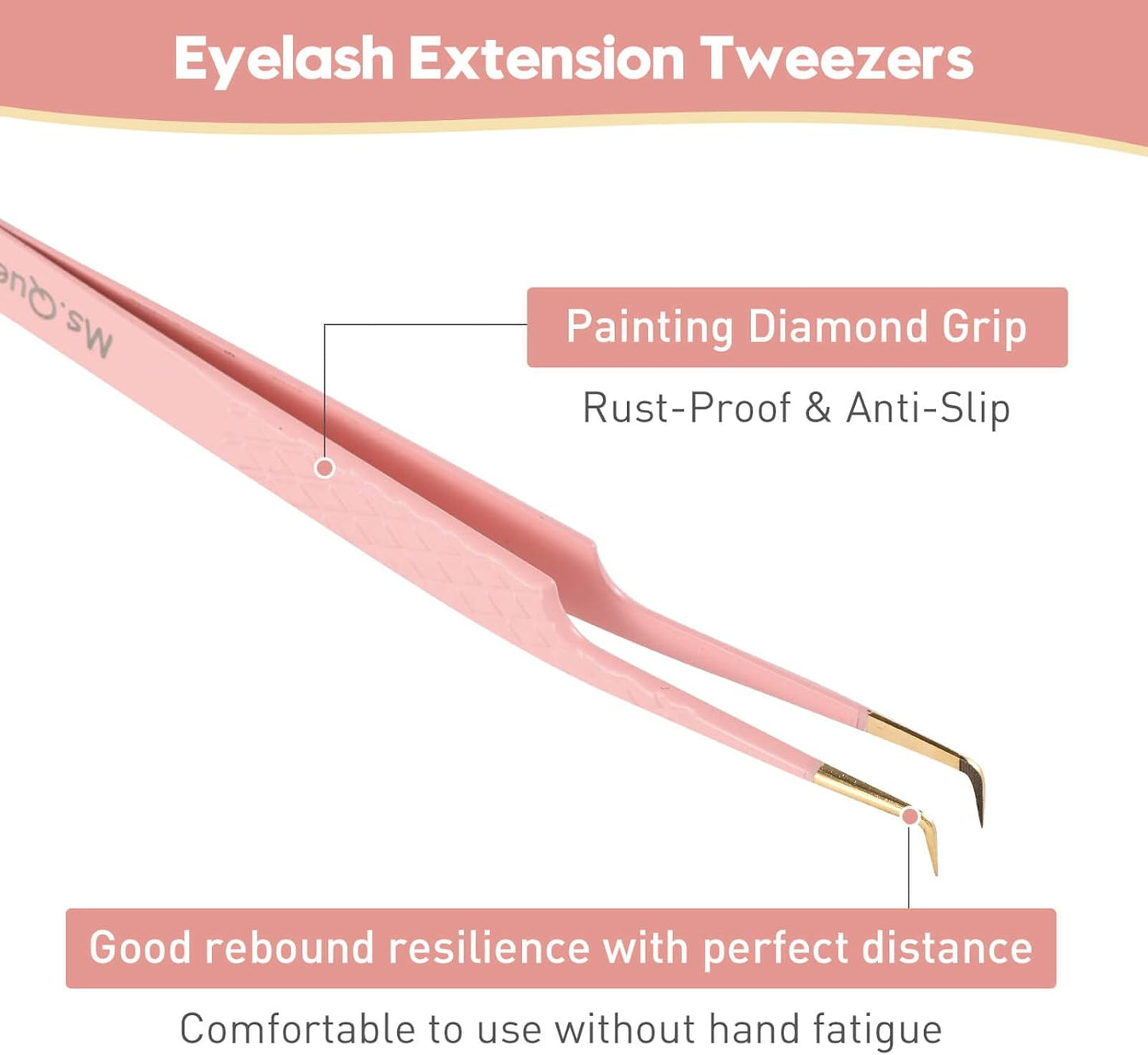 Ms.Queen Lash Extension Tweezers,Diamond Grip 90 Degree False Lashes Tweezers 3D 6D Mink Eyelash Make Fans