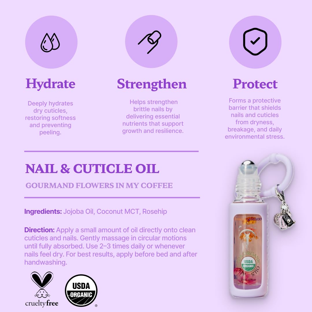Gourmand Flowers in My Coffee Organic Nail Cuticle Oil Pen with Jojoba, Coconut MCT, and Rosehip for Nail Hydration, Growth & Strength, Travel Size Keychain(0.34 Fl Oz)