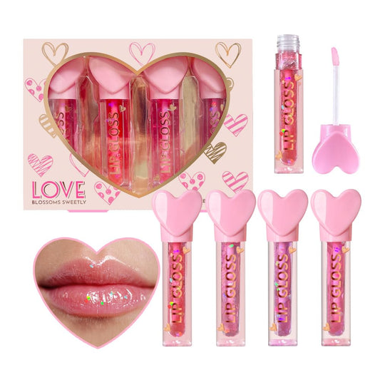 4pc Heart Charm Lip Gloss Stick for Girls - Glossy Fruity Lip Set | Non Toxic Party Favors, Teen Makeup Gift with Cute Topper (4 Pack)
