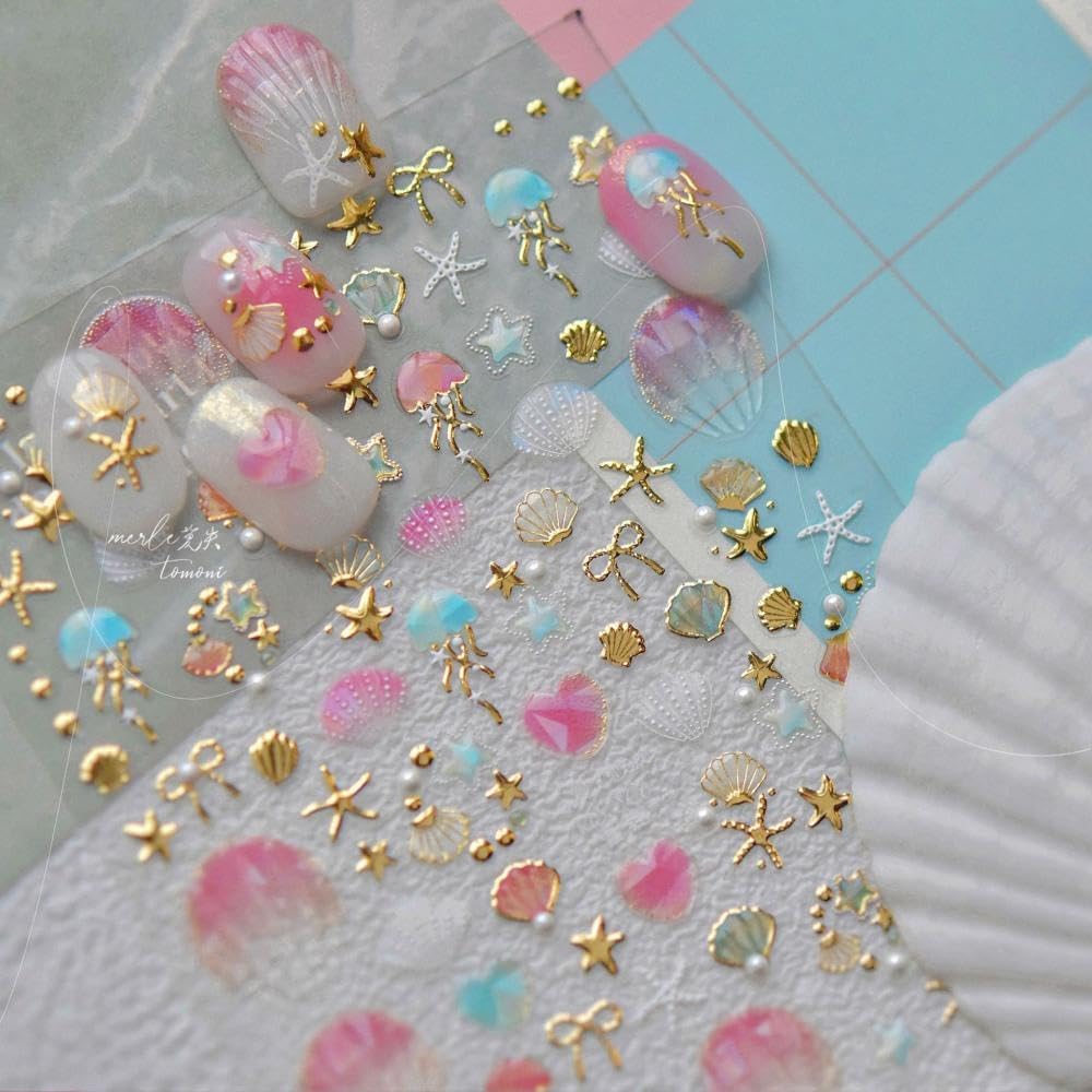 Laser Pearl Seashell Nail Stickers 5D Embossed Silver Gold Ocean Nail Decals 3D Self-Adhesive Starfish Nails Supplies Jellyfish Nails Designs Summer Nail Art Decoration for Women DIY Manicure 2 Sheets