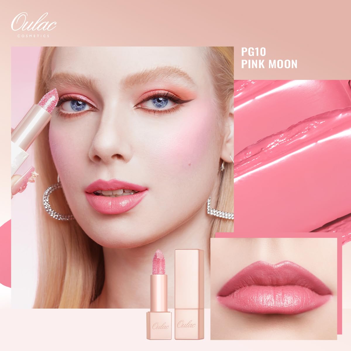 Oulac Infinity Moisture Shine Lipstick - High Shine Shimmery Finish, Super Creamy Texture, Medium to High Coverage - Gluten Free, PG10 Pink Moon
