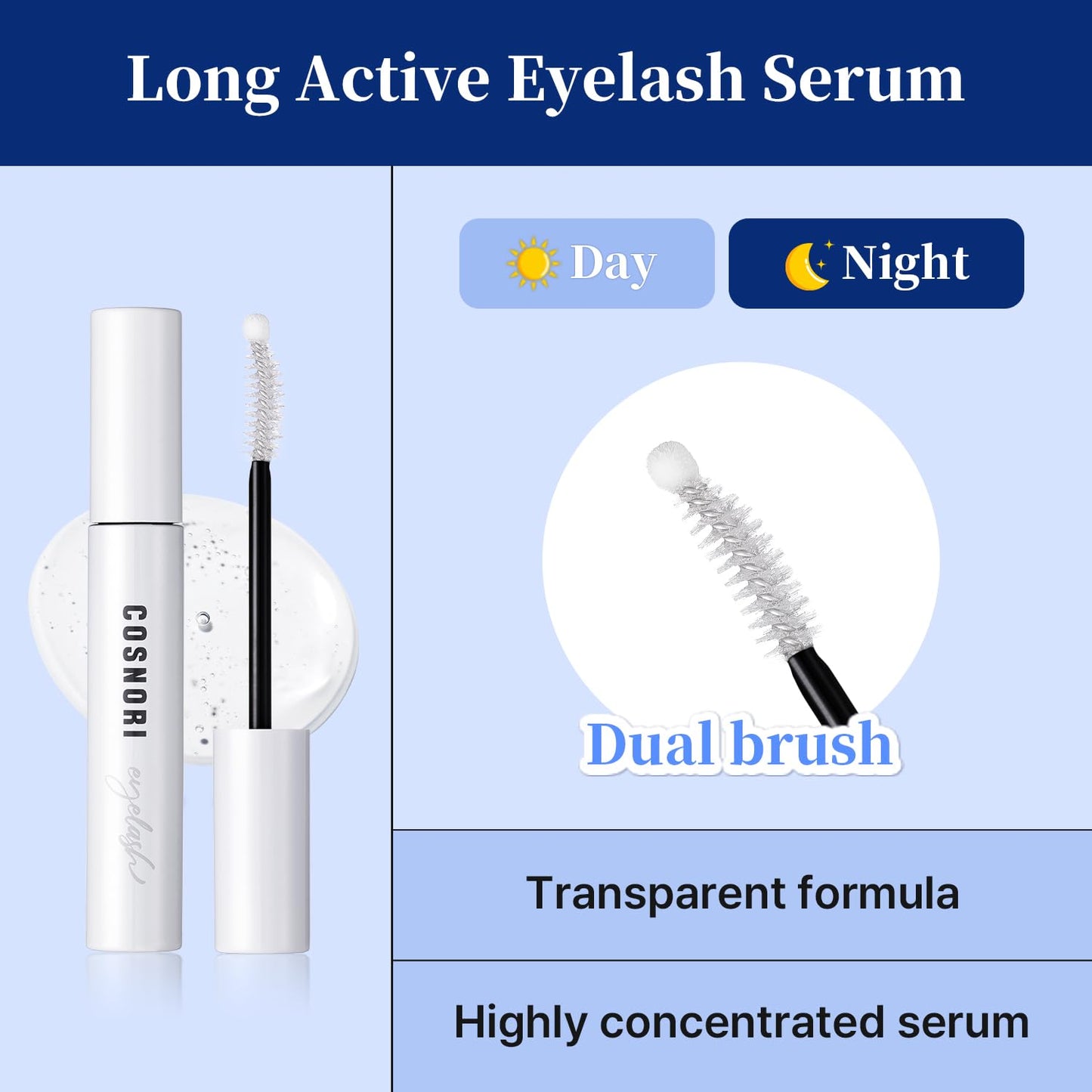COSNORI Long Active Eyelash Serum - Korean Eyelash Boost Serum - Eyebrow Growth Enhancer for Longer and Thicker - Vegan Prostaglandin Free & Non Irritating - Peptides, Hyaluronic Acid, 0.3 fl.oz.