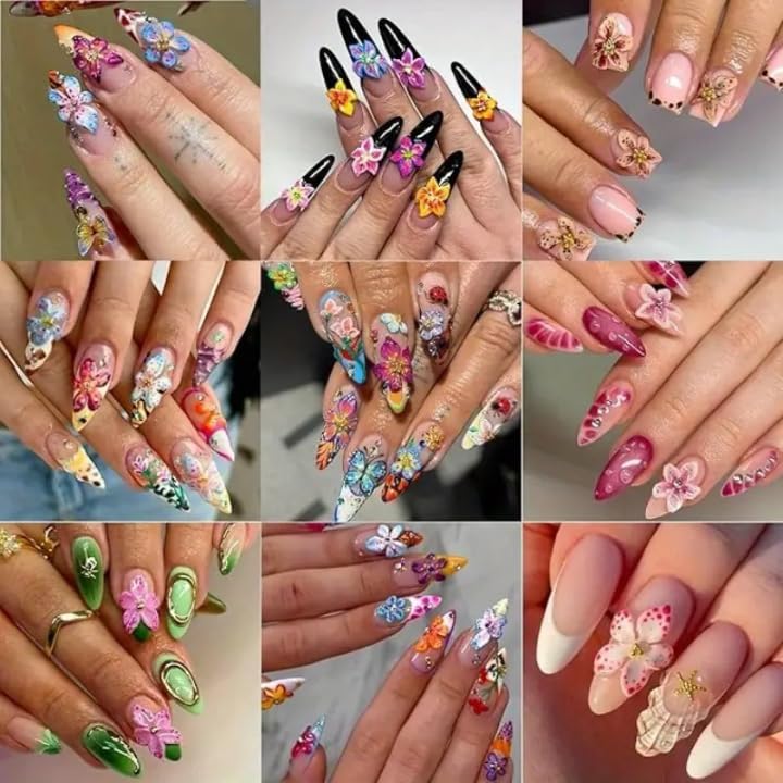 Flower Bow Nail Charms and Gems, 3D Resin Blossom Petals with Caviar Beads Charms for Nails Design，Flatback Pearl Charms Cherry Butterfly Rhinestone Nail Charms for Manicure DIY