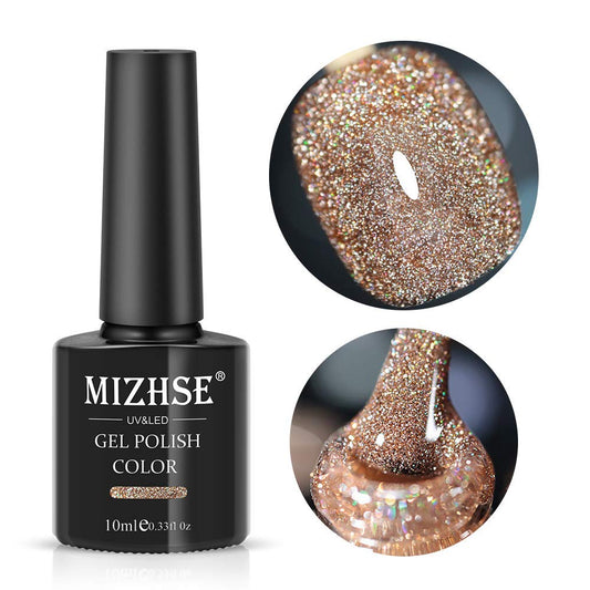 MIZHSE Reflective Gel Nail Polish, Glitter Gold Gel Polish, Sparkly Shiny Nail Effect Soak Off Nail