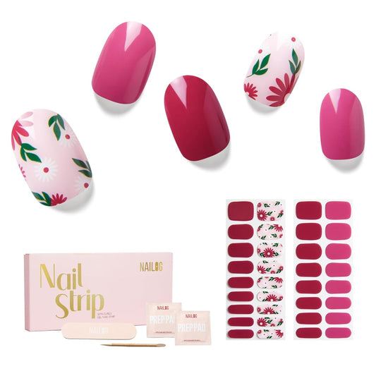 Semi Cured Gel Nail Strips - NAILOG 34 Pcs Floral Nail Stickers Long Wraps with Glossy Gel