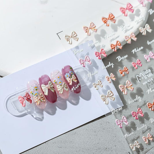 Bow Nail Stickers 5D Embossed Nail Art Decals Self-Adhesive Pink White Bows Nail Art Stickers for