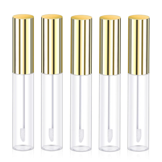Molain 5PCS Empty Lip Gloss Tubes, 10ml Refillable Cosmetic Containers Bottles Lip Balm Bottles with Wand Concealer for Lipstick Samples, Lip Balms(Gold tube cap)