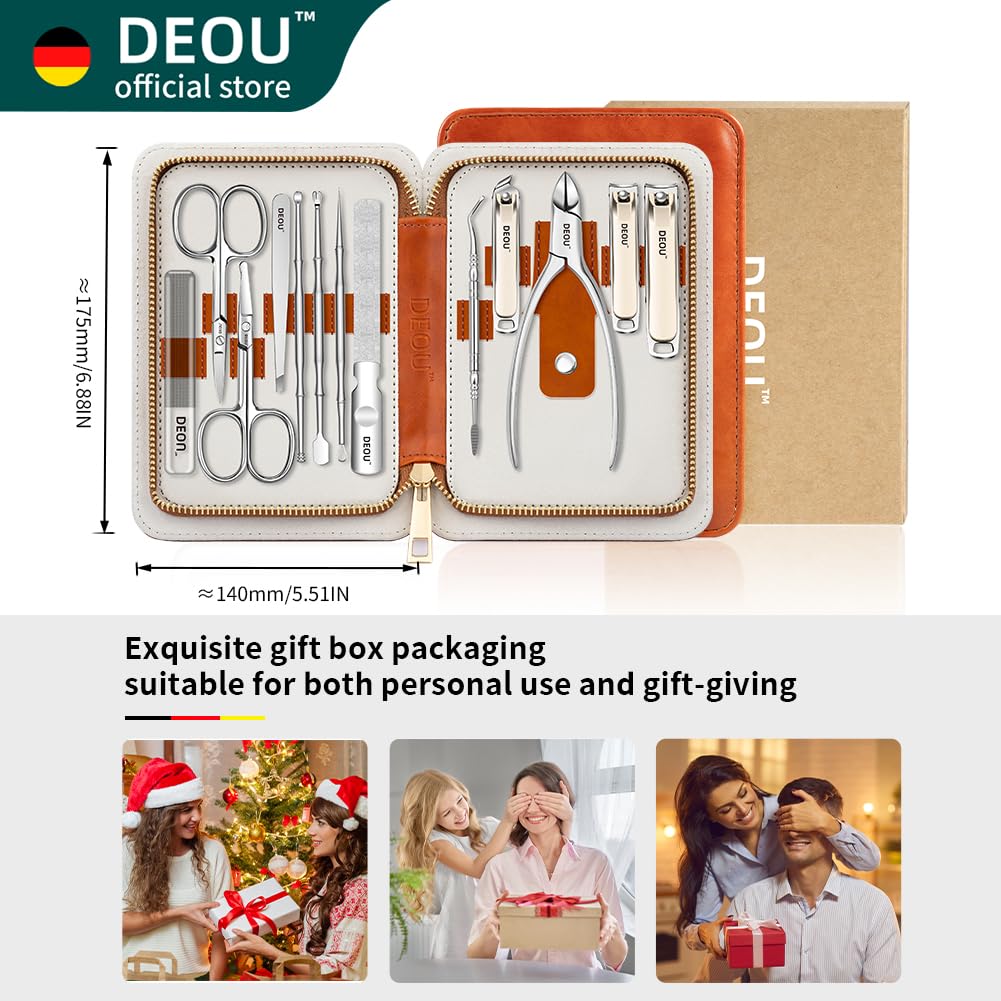 DEOU 13pcs Women Nail Grooming Kit Stainless Steel Professional Manicure Set Nail Care Tools with Luxurious Portable Travel Case Gift