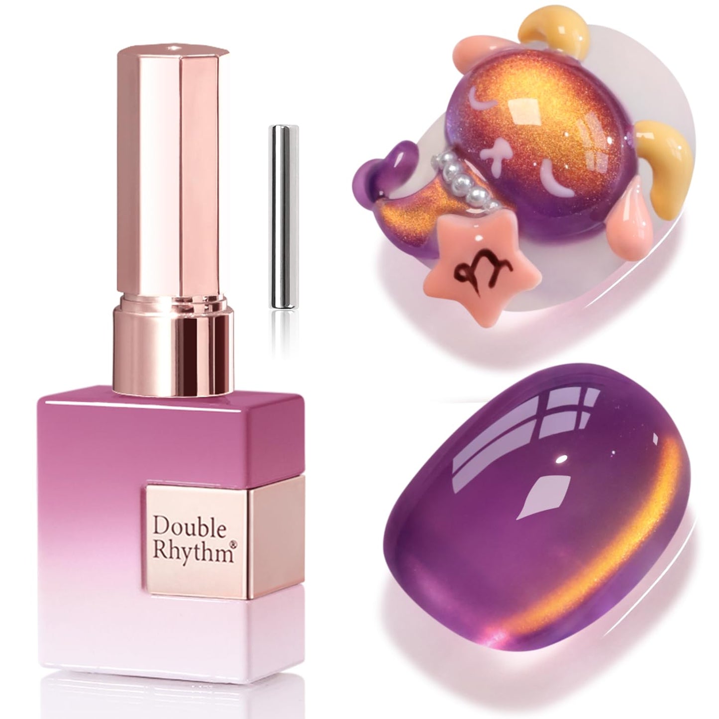 Double Rhythm Jelly Glass Cat Eye Gel Polish with Magnet 15ML Holographic Glitter Shimmer Translucent Sheer Color Magnetic Nail Polish Salon DIY at Home (Golden Purple-MC1254)
