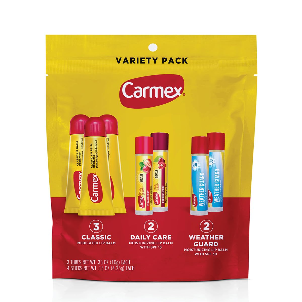 Carmex Classic, Weather Guard, and Daily Care Moisturizing Lip Balm Pack, 7-Count Lip Care Variety Pack Bag (3 Tubes, 4 Sticks)