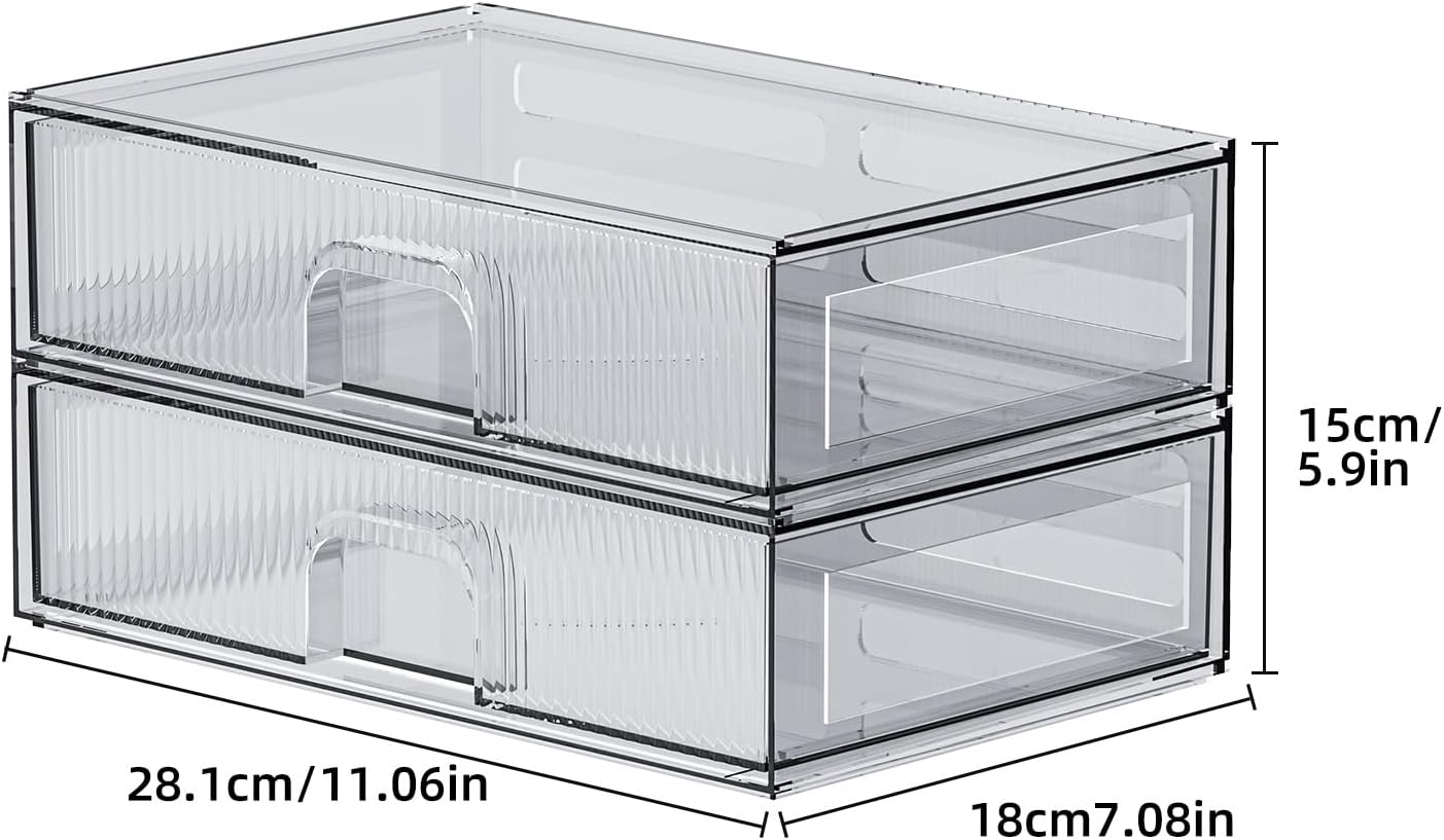 ZHIAI Stackable Storage Drawer, 2 Piece Acrylic Organiser for Cosmetics and Beauty Products, Suitable for Dressers, Bathrooms, Cabinets, Storage Rooms, Bedrooms and Home Organisers