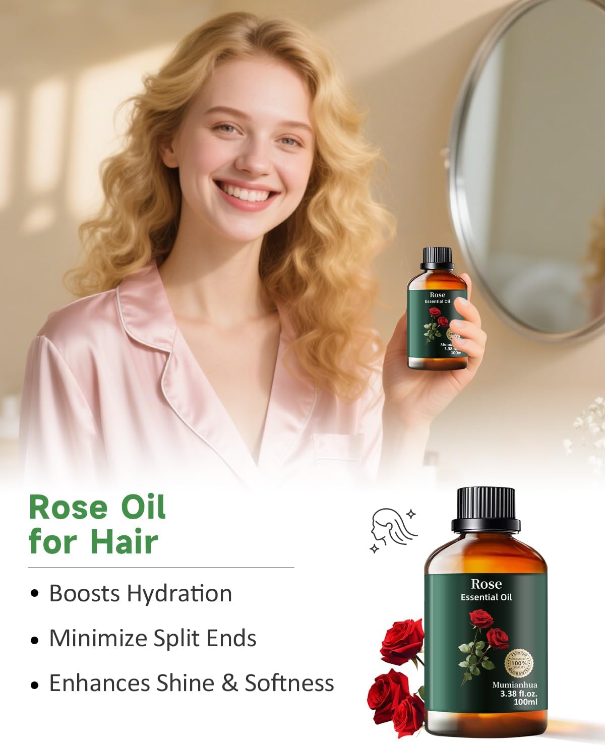 Mumianhua Rose Essential Oil 100% Pure - Therapeutic Grade Natural Aromatherapy Rose Oil for Skin, Hair & Large Room Diffuser | Bulk Steam Distilled for Candle Making, Laundry & Home Scent 3.38 Fl Oz