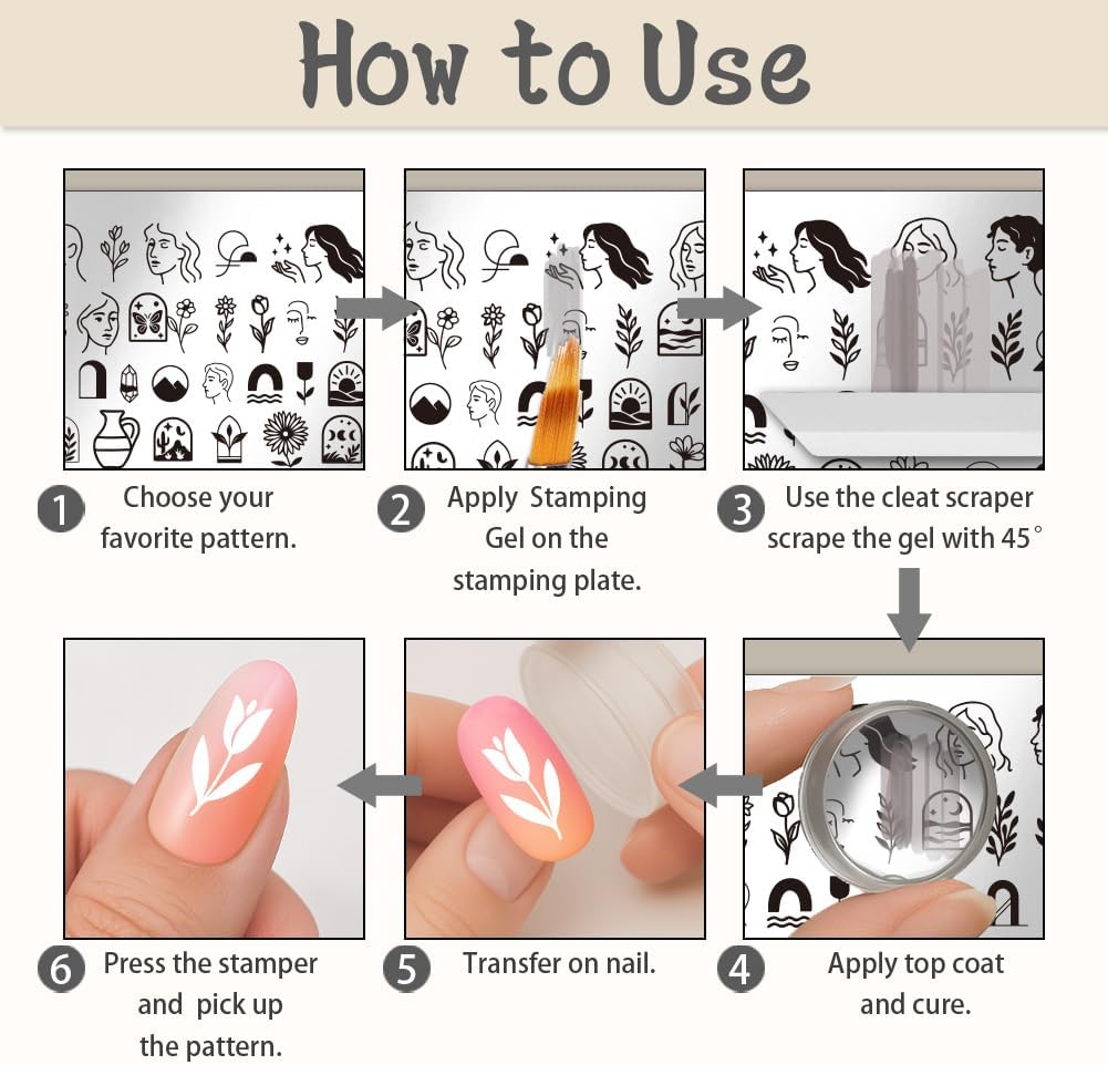UNICRAFTALE 6Pcs Nail Stamp Plates Set Abstract Lady Face Nail Stamping Plate Boho Plant Stamp Templates Image Nail Stencils Nail Art Plates with Nail Scraper for Women DIY Nail Design Tools