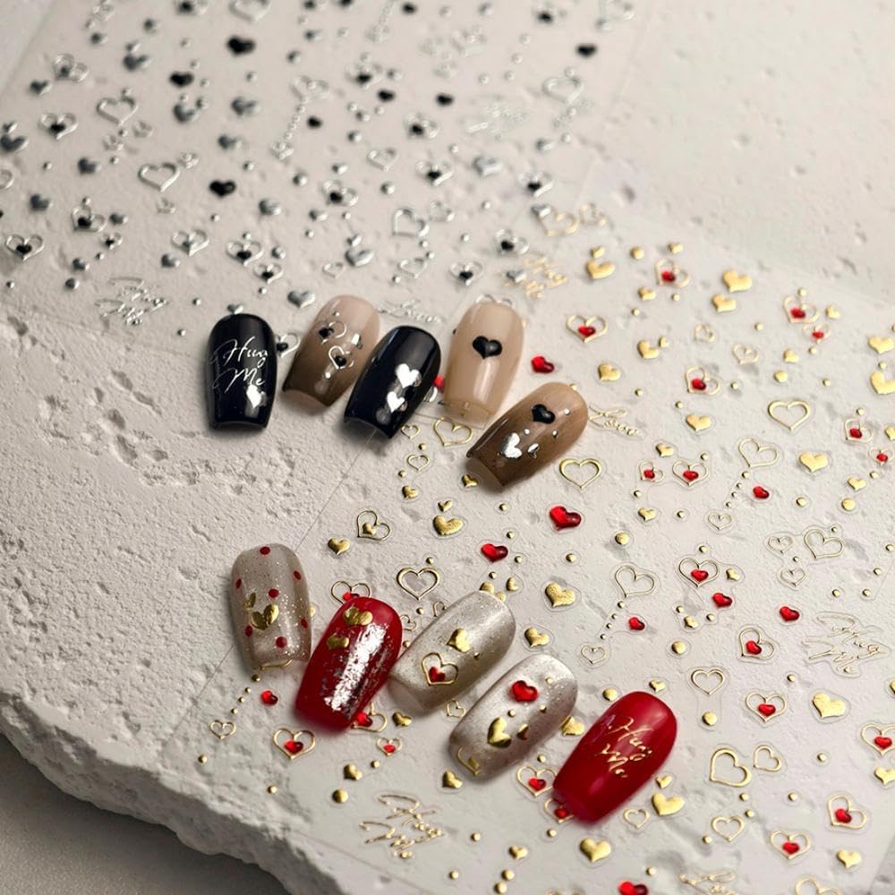 2 Sheets 5D Embossed Heart Nail Stickers 3D Self-Adhesive Red Black Hearts Love Nail Decals Golden Silver Hollowe Design Love Fall Valentines Day Nail Art for Women Girls DIY Manicure