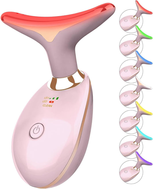 7 Color Face and Neck Massager Light Therapy, Red Light Based Facial Massager for Skin Care, Firming, Smoothing (Pink)