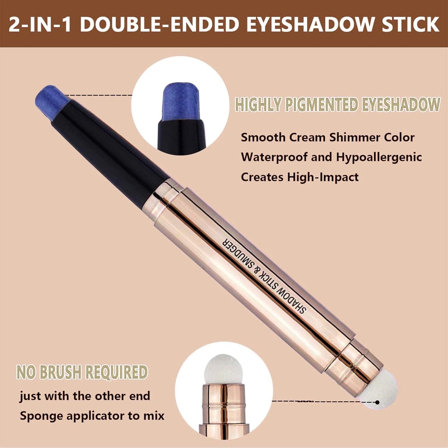 Blue Eyeshadow Stick Makeup, Highlighter Matte Cream Eye Shadow Pencil, Waterproof Hypoallergenic Long Lasting Crayon, Glitter Primer Palette Shimmer Eyeliner Pen wiht Soft Brush