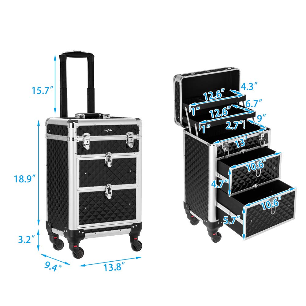 mefeir Aluminum Rolling Makeup Train Case, Portable Makeup Organizer Suitcase, Cosmetic Storage Box, Travel Beauty Luggage Trolley Lockable w/4 Removable Wheels & 2 Sliding Drawers (Black)