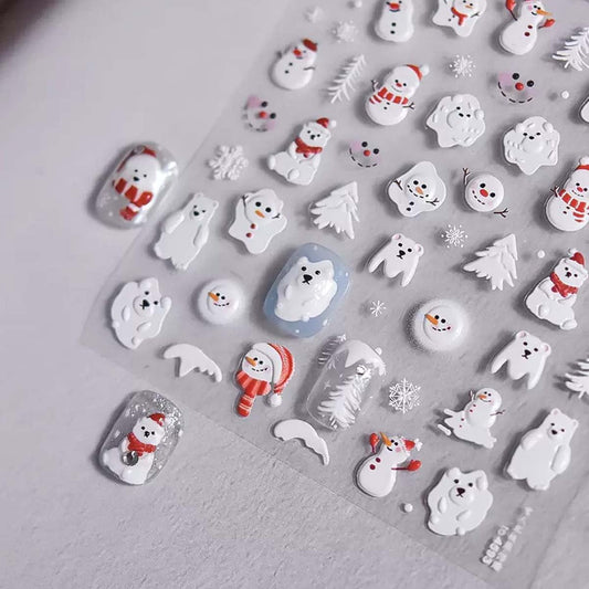 Christmas Nail Art Stickers 5D Embossed Snowman Nail Decals Cute Xmas Tree Nail Sticker Winter