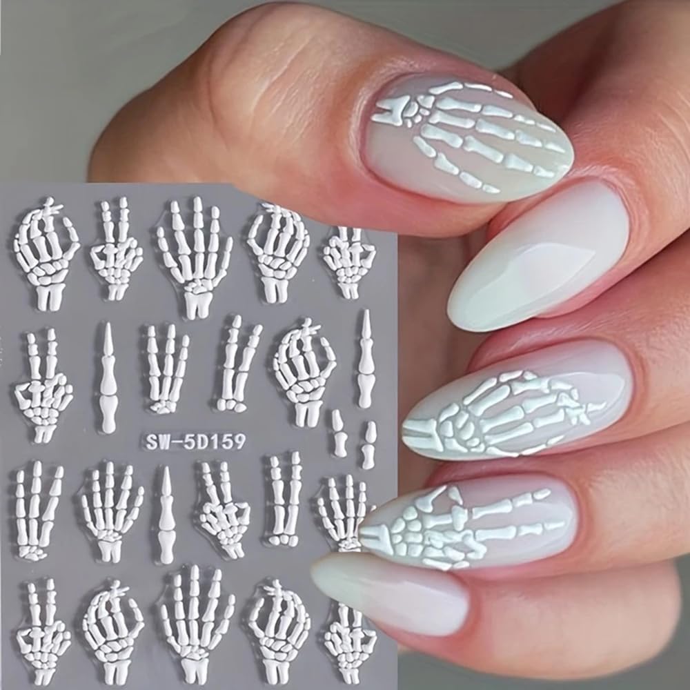 3 Sheets 5D Embossed White Claw Skull Nail Decals Halloween Nail Art Sticker Gold Pink Skeleton Nail Stickers 5D Self-Adhesive Hand Bone Nail Supplies Holiday Nails Accessories for Women DIY Manicure