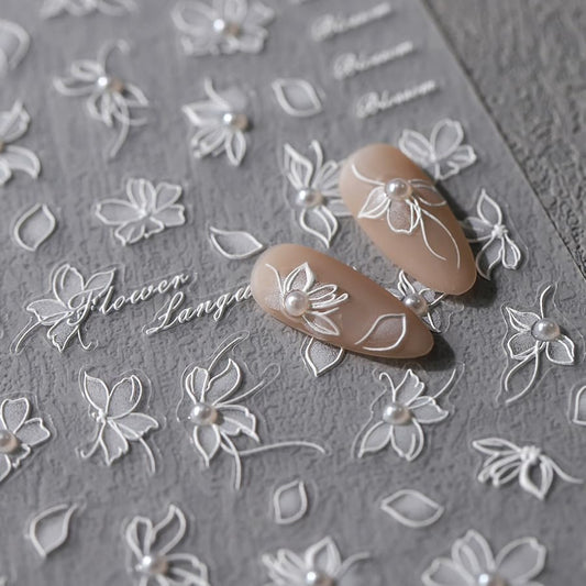 5D Embossed Flower Nail Stickers for Nail Art White Floral Nail Art Stickers Self-Adhesive Pearls