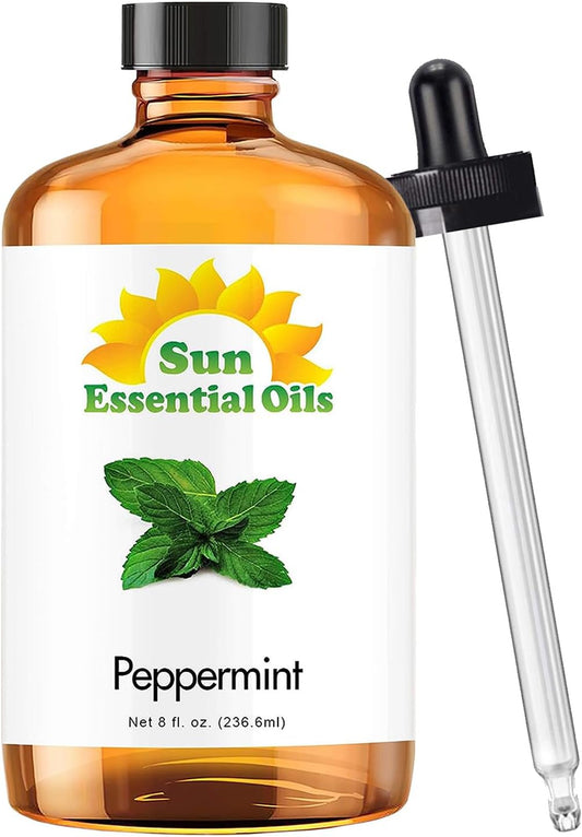 Sun Essential Oils - Peppermint Essential Oil (8 oz) with Dropper for Diffuser, Humidifier, Skin & Aromatherapy Body Massage, Candle & Soap Making for Home