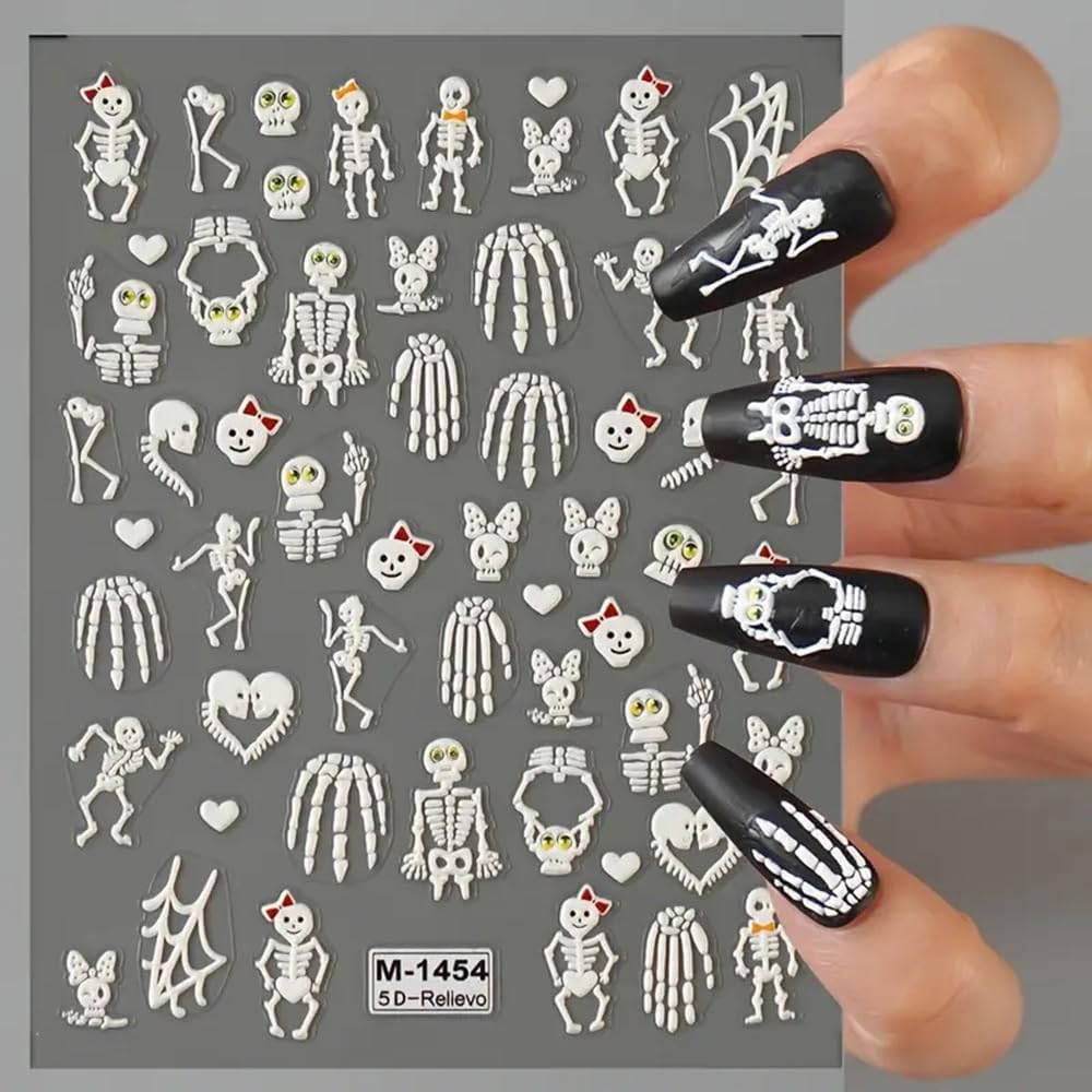 2 Sheets Halloween 5D Embossed Nail Art Stickers - Skeleton, White Skull Nail Stickers with Spider Web Heart Design - Self-Adhesive Horror Decals for Women - Art Supplies and Decorations