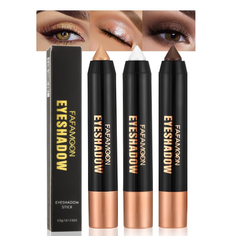 3Pcs Monochrome Cream Shimmer Glitter Eyeshadow Pencil Stick for Women, Eye Shadow Eyeliner Pencil Sticks Makeup, sombras para ojos, Waterproof, Vegan & Cruelty-Free, (01+02+06, 3Pcs)