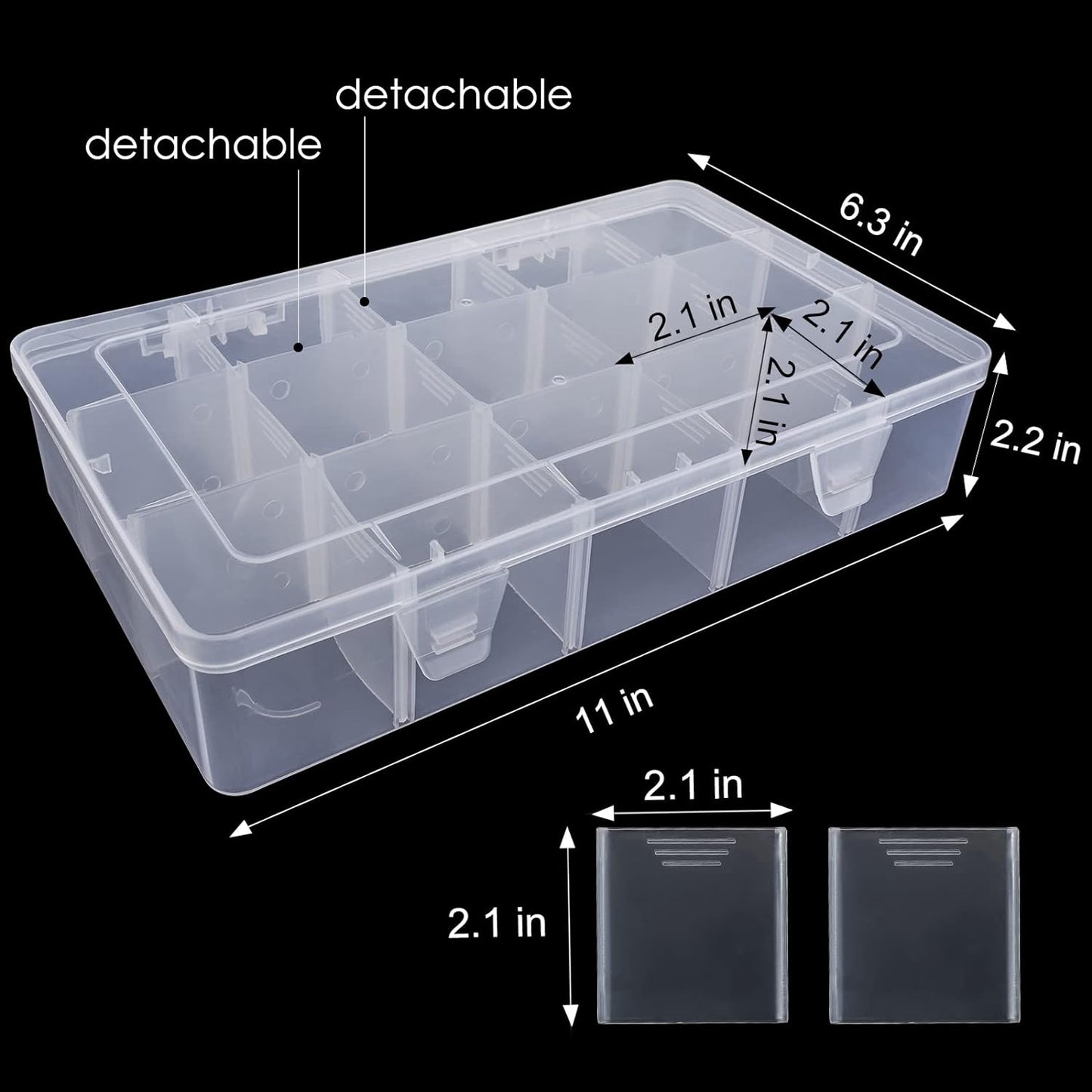 15 Large Grids Plastic Organizer Box with Dividers, 2 Pack Clear Compartment Container Storage for Washi Tapes Beads Crafts Jewelry Fishing Tackles, Size 11 x 6.3 x 2.2 in