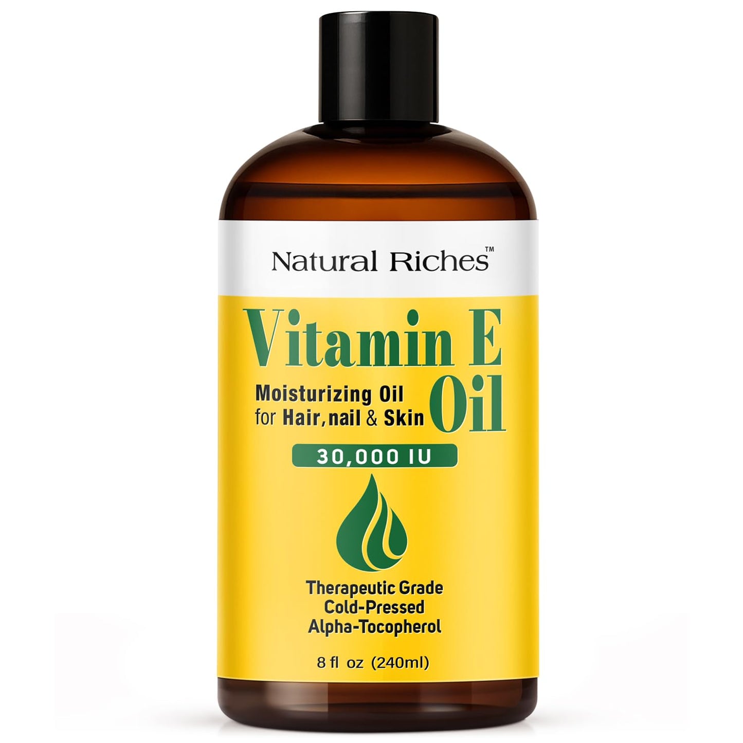 Natural Riches Vitamin E Oil | 100% Pure and Natural Cold Pressed Vitamin E oil for Skin, Scars, Face, Nails, Hair, Scalp 30,000 IU Non-GMO Verified Hair & Body Oil :8 Fl Oz