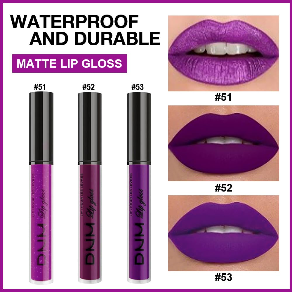 evpct 3Pcs Violet Purple Crystal Metallic Shimmer Glitter Matte Liquid Lipstick Lip Stain Sets for Women Matte+Lipstick Long Lasting Waterproof Permanent 24 Hours Magic Lipstick 24 Hours original