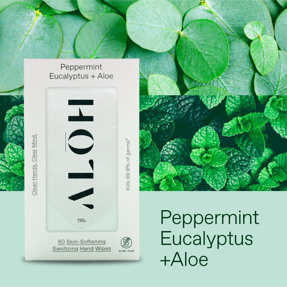 ALŌH Peppermint Eucalyptus Sanitizing Hand Wipes - Clean Hands, Clear Mind On The Go Sanitizer for Kids and Adults - Travel Size 6 packs of 20ct Wipes (120 Wipes)