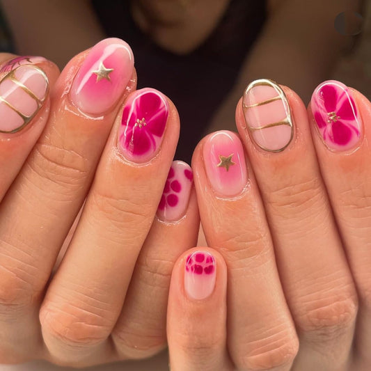 Pink Press On Nails Short Oval, Summer Fall Fake Nails Featuring Petal Designs and Gold Detailing