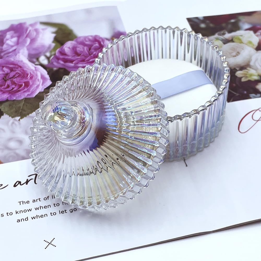 Ultra Soft Powder Puff and Container 3.3" High Density Velvet Dusting Washable Reusable Powder Puff,Body Powder Puff and Glass Jar Holder Loose Powder Box with Puff for Face Makeup(Dazzling colors)