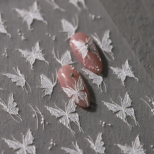 Butterfly Nail Stickers 5D Embossed Nail Art Decals Self-Adhesive White Butterfly Nail Stickers for