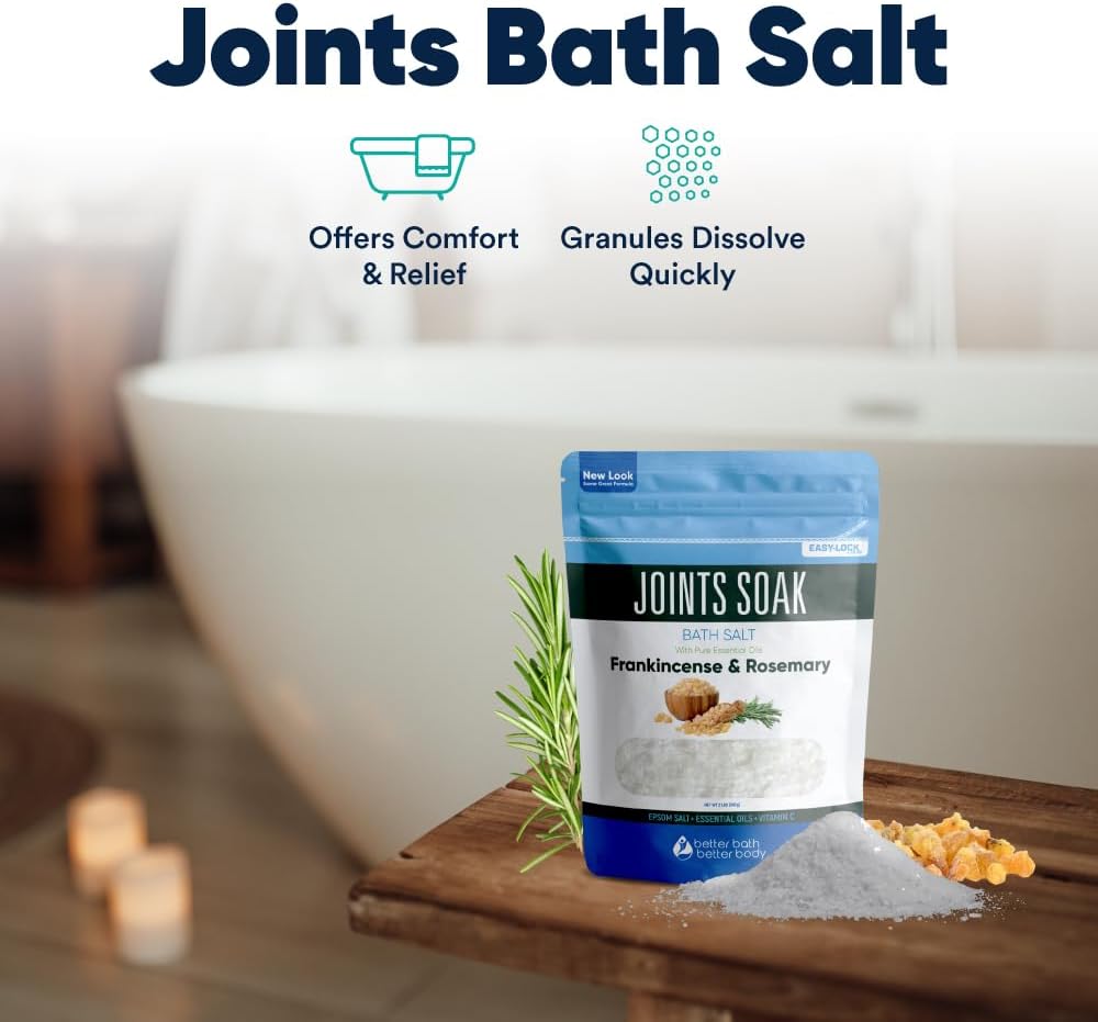 Joints Soak Bath Salt 32 Ounces Epsom Salt with Natural Rosemary, Frankincense and Peppermint Essential Oils Plus Vitamin C in BPA Free Pouch with Easy Press-Lock Seal