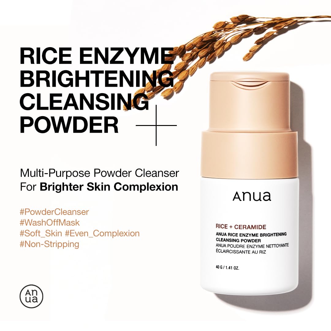 ANUA Rice Enzyme Brightening Cleansing Powder, Exfoliating Powder-to-Foam Cleanser, Smooth Texture