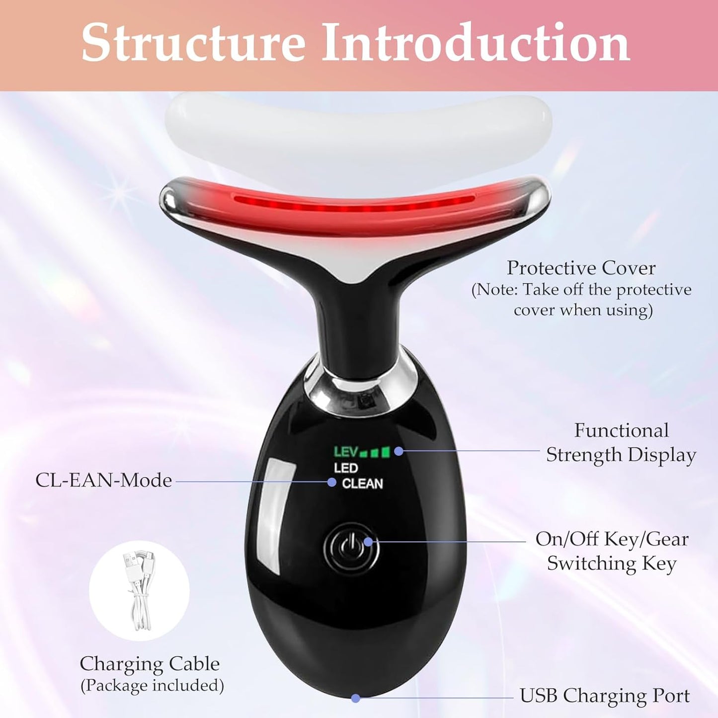 Facial and Neck Massager, Lymphatic Drainage Facial Massager Designed Specifically for The Face and Neck, Equipped with 7-Color Face 𝖲culpting Wand (Black)