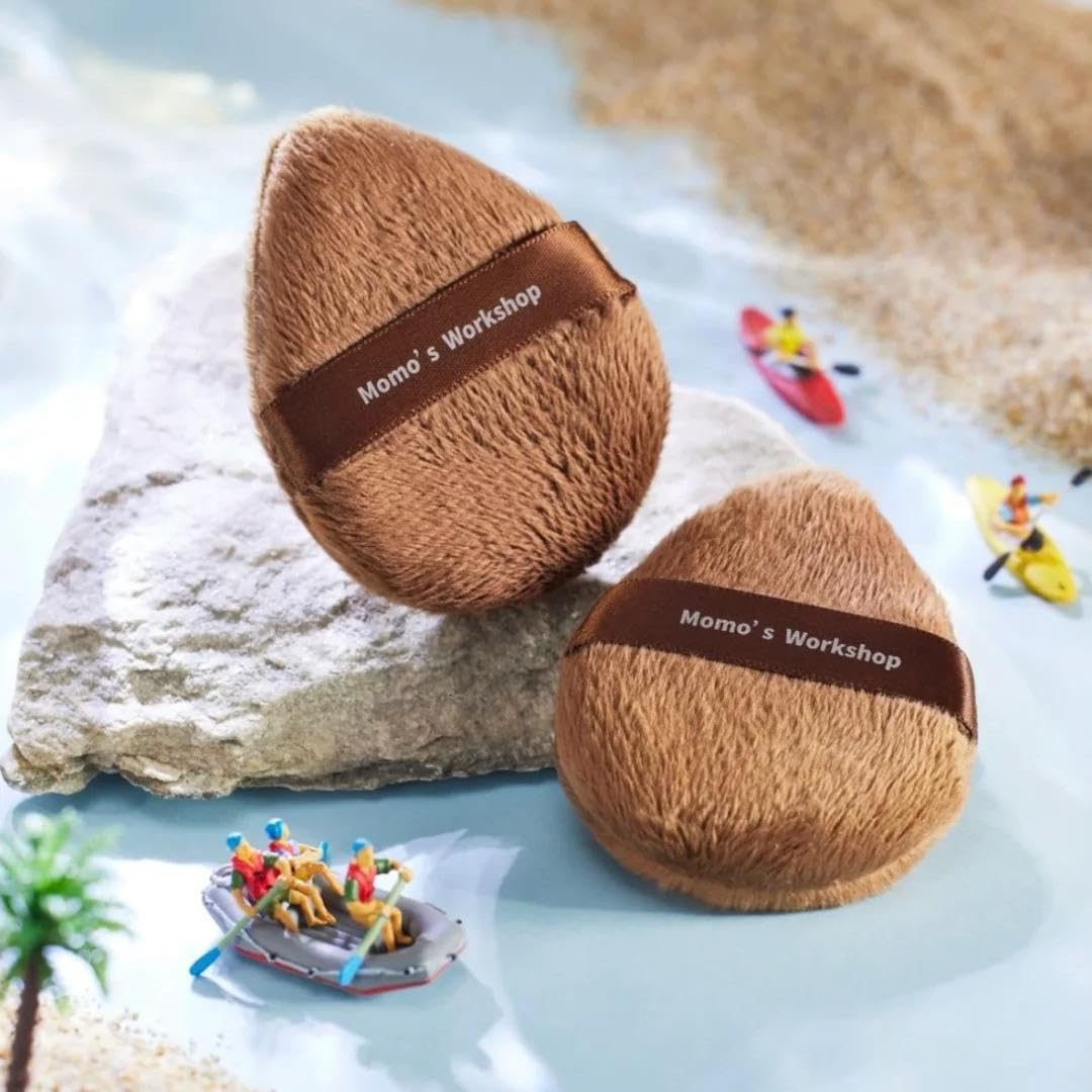Momo's Workshop Long Fluffy Brown Egg-Shaped Powder Puff,Large Coverage, Even Powder Application, Soft Blurring Finish for Loose&Pressed Powder,Blush,Makeup Puff Applicator with Storage case,2pcs
