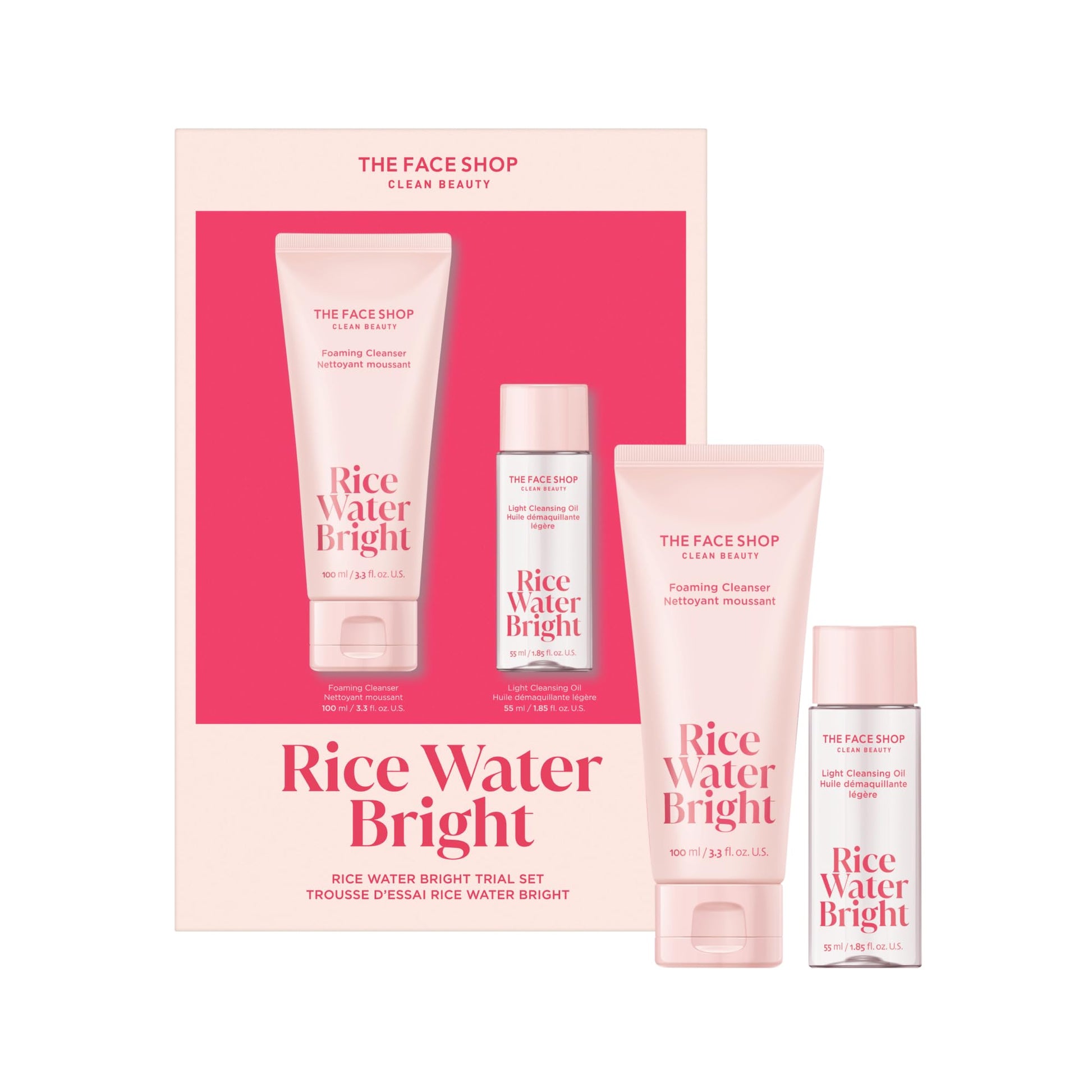 The Face Shop Rice Water Bright Vegan Double Cleanse Trial Set, Travel Size, Foaming Cleanser &