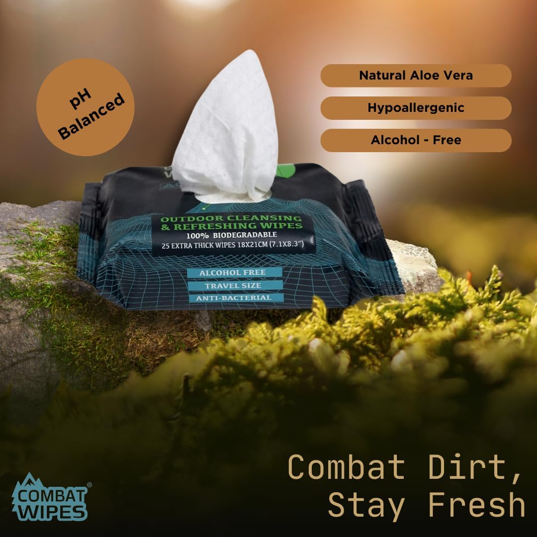 Combat Wipes ACTIVE Outdoor Wet Wipes - Extra Thick Camping Gear, Biodegradable, Body & Hand Cleansing/Refreshing Cloths for Backpacking & Gym w/Natural Aloe & Vitamin E (12 Pack, 300 Wipes)…