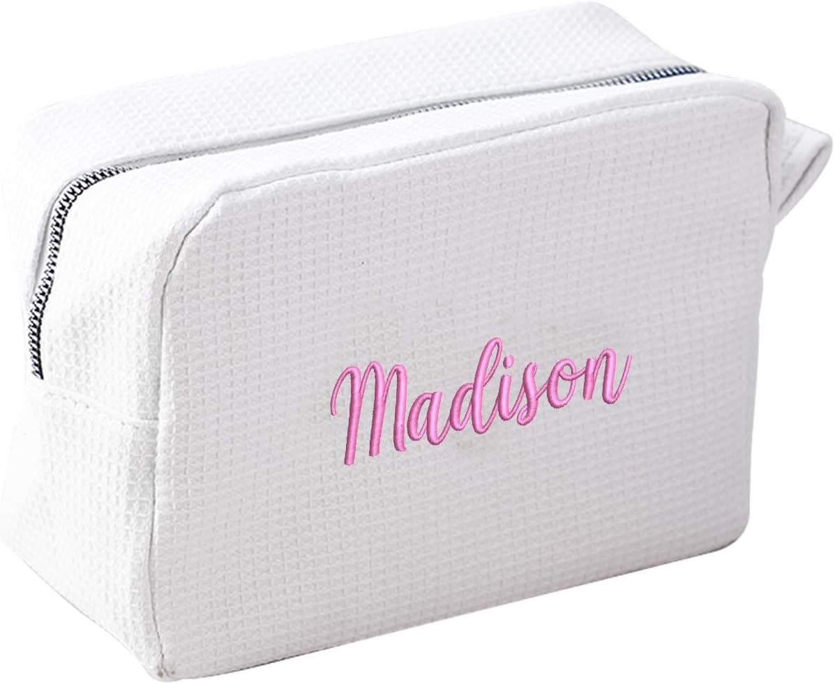 GOPHIE Personalized Embroidered Makeup Bag,Custom Waffle Fabric Cosmetic Pouch for Women, Travel Makeup Pouch (6, White)