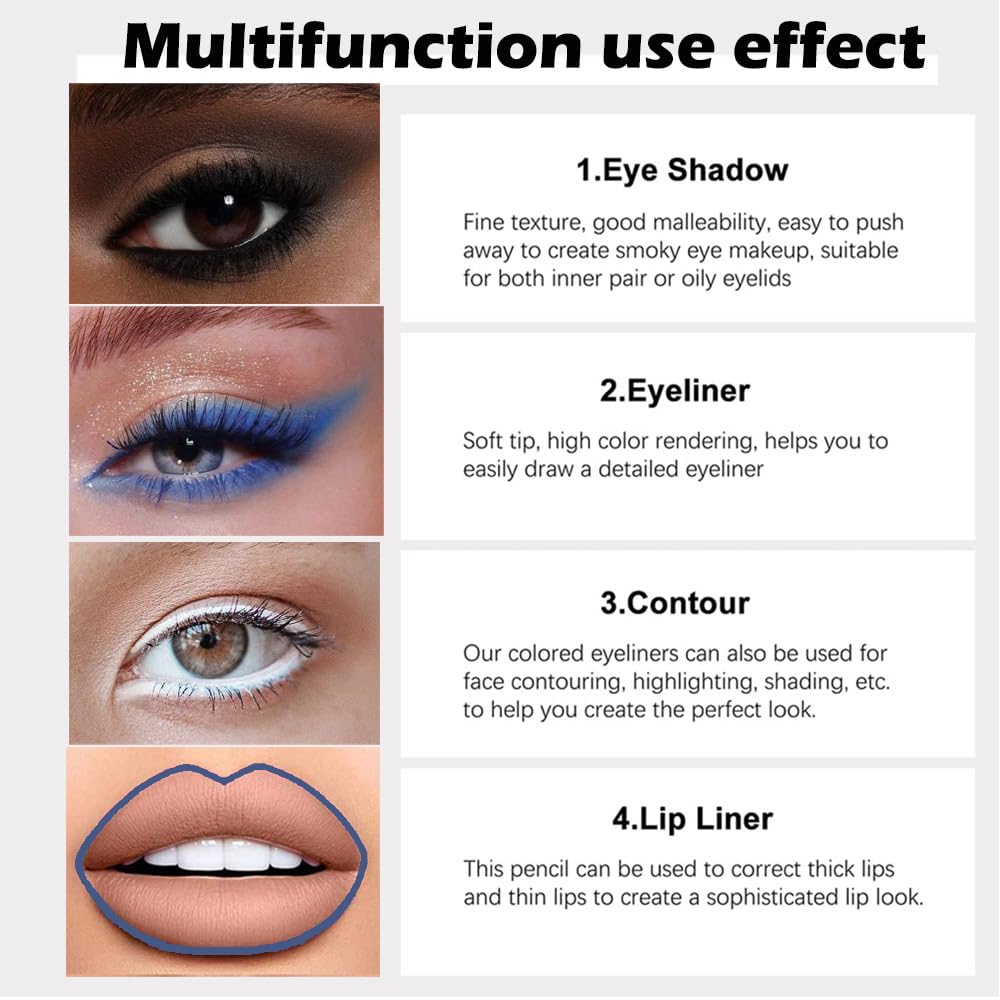 evpct 3Pcs Black & White & Royal Blue Gel Glitter Eyeliner Pencils Set for Women Waterproof Smudge Proof lapiz de ojos delineador de ojos contra el agua Eye Liner Makeup 01 22 24