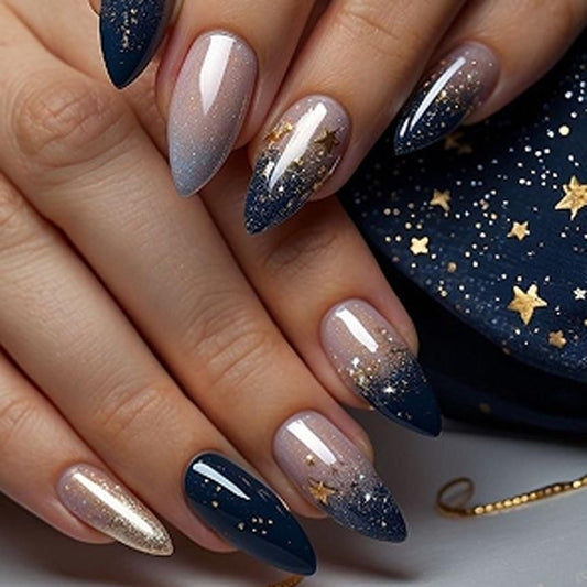 Ombre Press On Nails medium, Almond Fake Nails Featuring a Nude-to-Blue Gradient and accented with