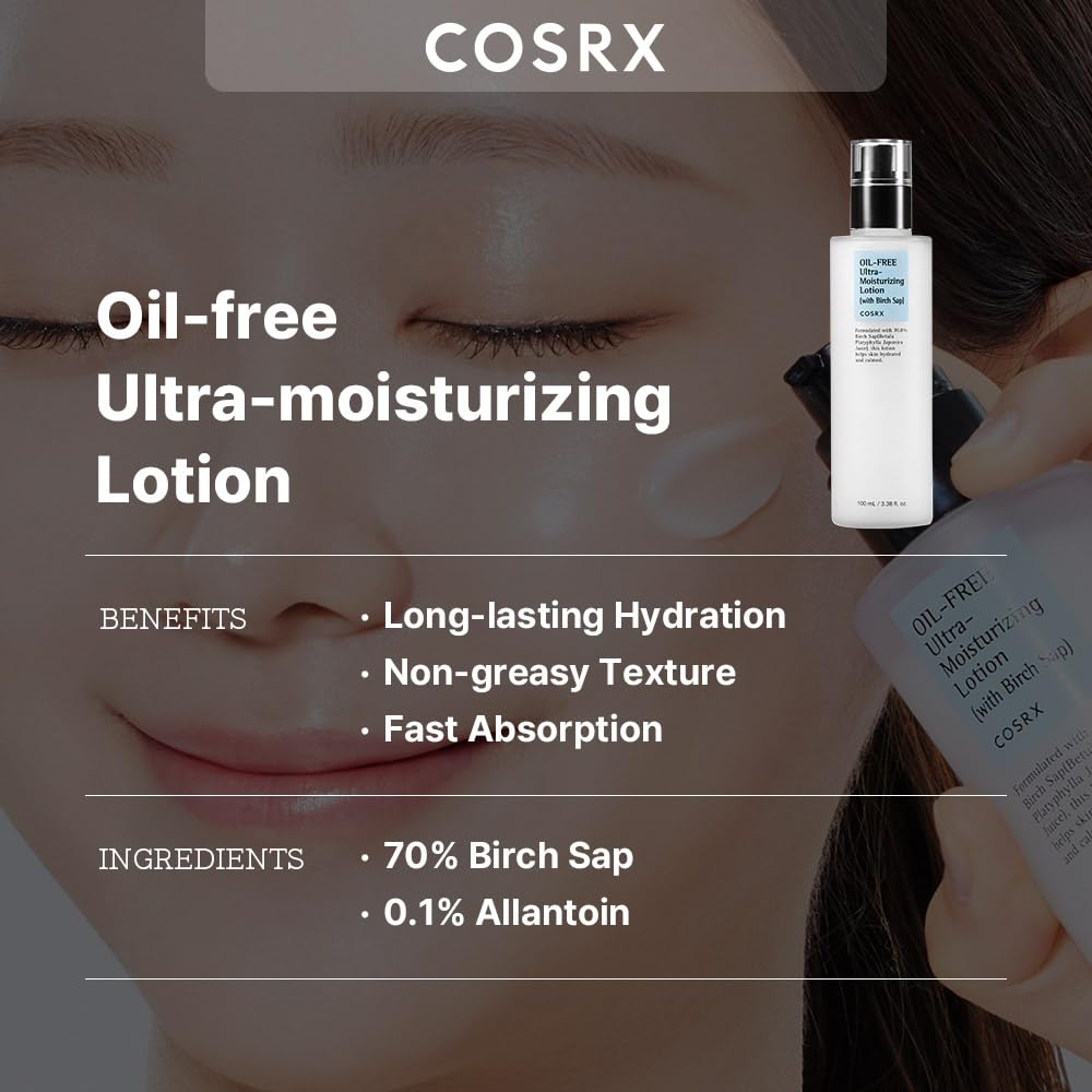 COSRX Oil Free Lotion with Birch Sap, Acne Facial Moisturizer, 3.38 fl oz