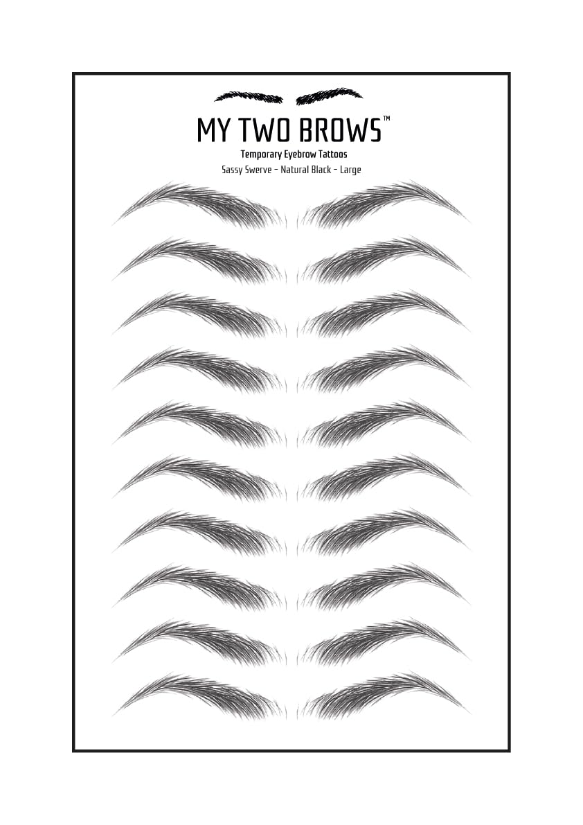 (10 pairs) Natural Black Temporary Eyebrow Tattoo - Large Size - Waterproof & Smudgeproof - Sassy Swerve Style Eyebrow Stickers - Sheet Lasts up to 30 Days - Won't Work on Existing Brows