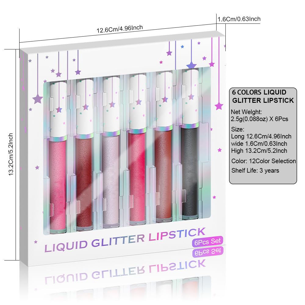 evpct 6Pcs Rose Pink Dark Wine Mauve Sexy Red Black Lilac Metallic Shimmer Glitter Lip Gloss Liquid Lipstick Set for Women Long Lasting Waterproof 24, Pearlescent Sparkly Glossy Lipsticks Lip Makeup