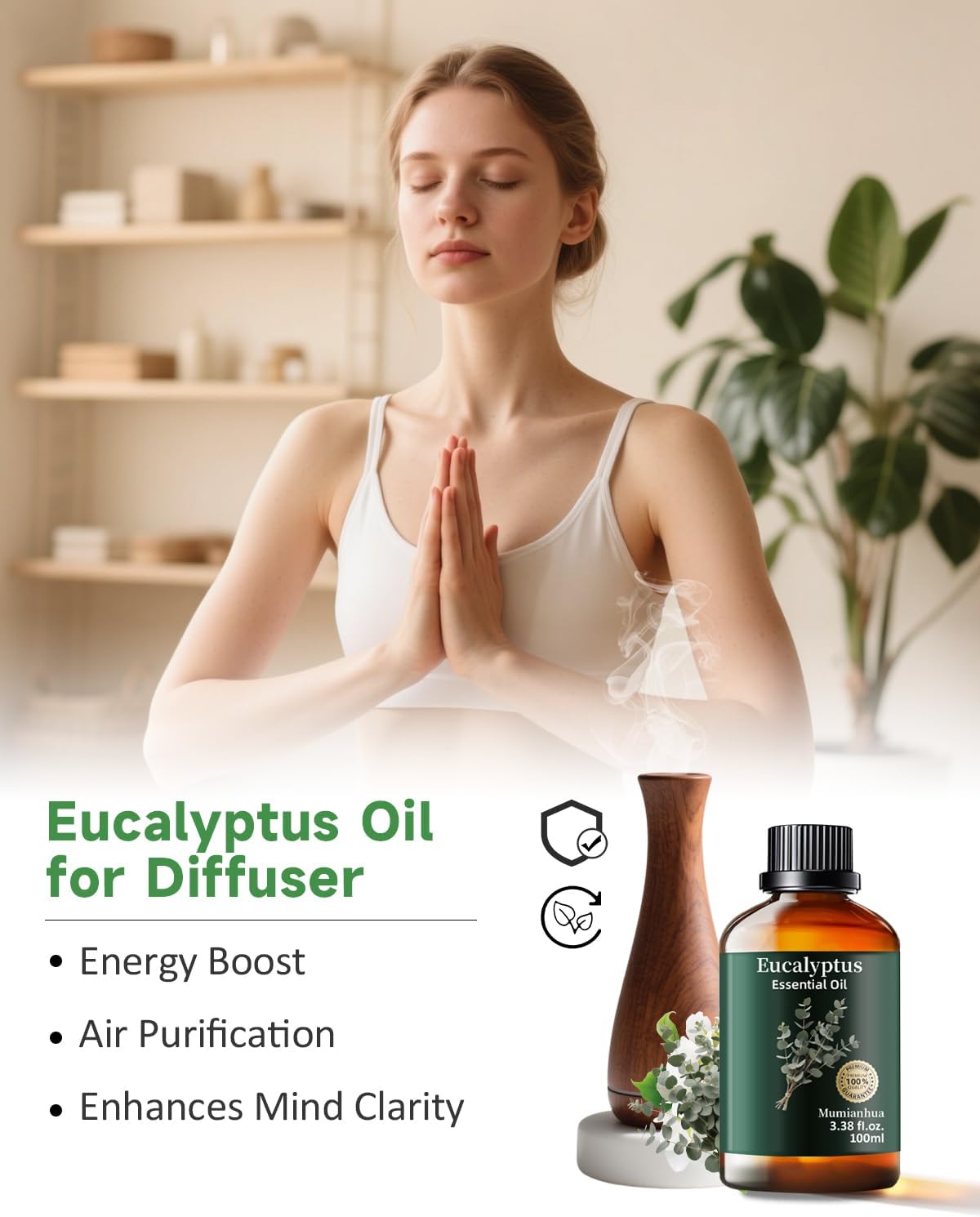 Eucalyptus Essential Oil Pure Mumianhua Natural Eucalyptus Oil for Diffuser, Face, Skin Care, Aromatherapy, Hair Care, Scalp and Body Massage,Spray Candle Making 3.38 Fl Oz