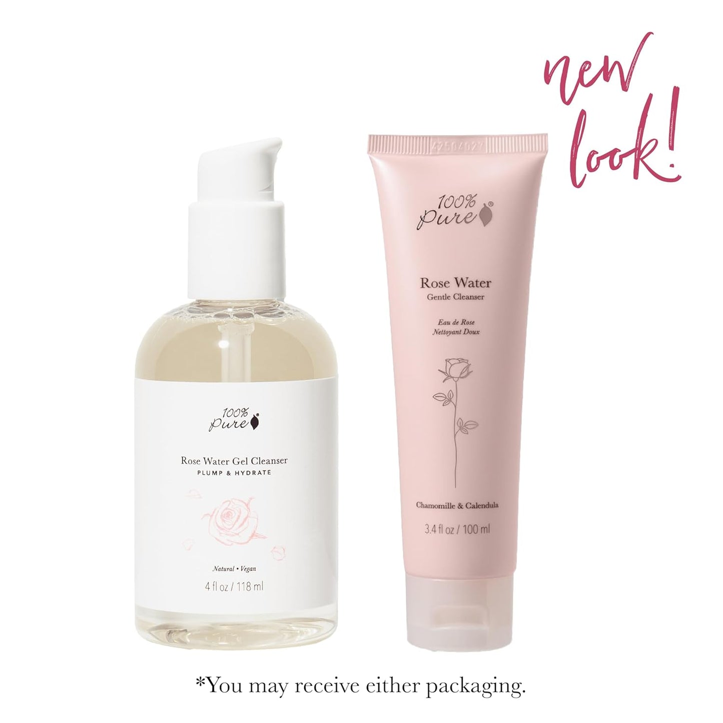 100% PURE Rose Water Gel Cleanser Deeply Moisturizing Hydrating Face Wash with Chamomile & Calendula to Soothe & Replenish Dry, Dehydrated Skin - Vegan - 3.4oz