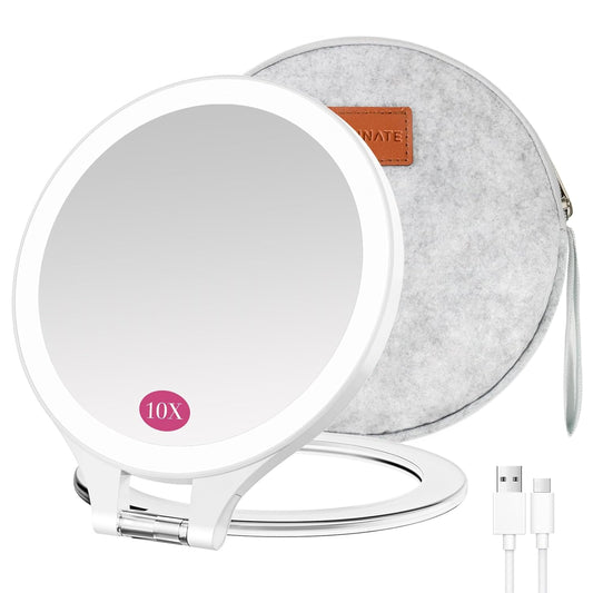 FASCINATE Magnifying Mirror with Light 10X/1X, Double Sided Travel Mirror with Light, Rechargeable Makeup Mirror with 3 Color Setting Adjustable Stand Lighted Mirror Vanity Portable Desk Cosmetic