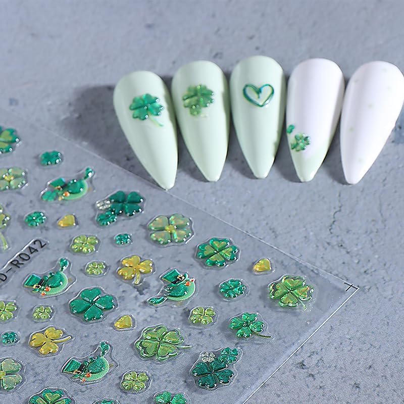 2 Sheets Irish Four-Leaf Clover Nail Art Stickers St. Patrick's 5D Self-Adhesive Embossed Green Shamrock Nail Decals Design Lucky of Irish Spring Leaf Nail Supplies for Women Nail Decoration